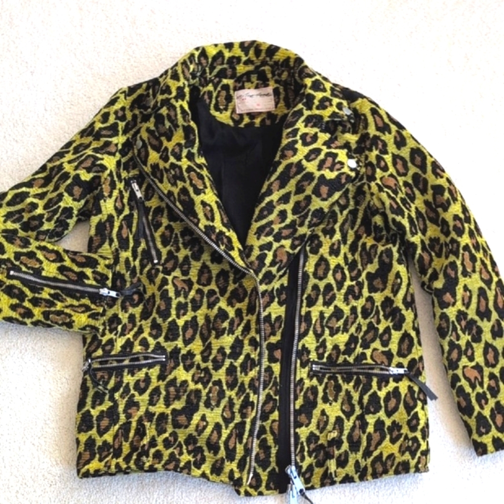 TODAY ONLY! Free People Femme Fatale Moto Style Jacket, Yellow Leopard Print, XS
